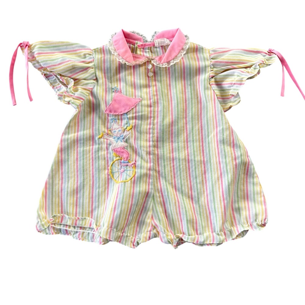 Vintage Tiny Tots Originals Pastel‎ Striped Clown Romper Pink Yellow Green Lace